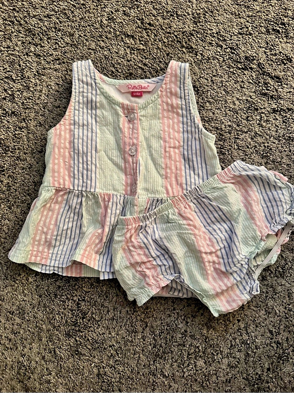 RuffleButts Striped Dress & Bloomers Pink & Blue Baby 12-18M